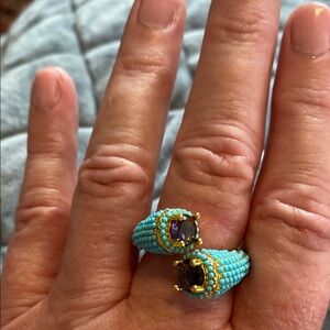 Turquoise and Gold Beaded Ring with Purple Gemstone